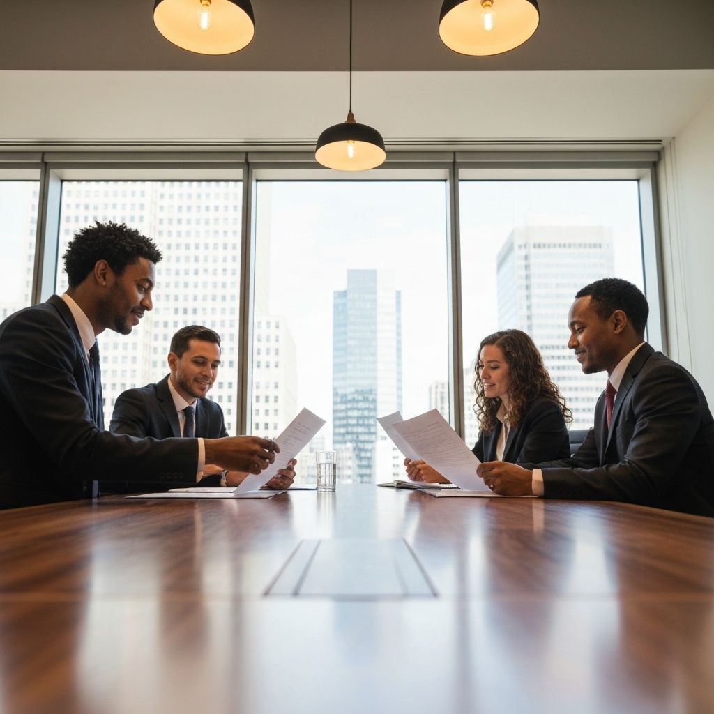 Legal professionals reviewing case documentation in a boardroom